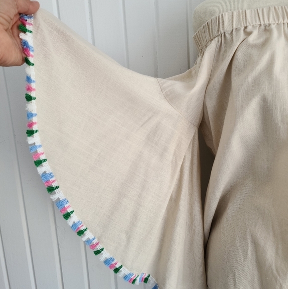 Women's Medium Off the Shoulder Multi ColorTassel Casual Linen Blend Top - Picture 3 of 7